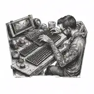 An artist is sitting and drawing on a canvas using a computer keyboard. tattoo design idea
