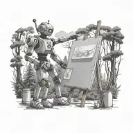Robot artist stands in the forest and paints on a large canvas.  tattoo design idea