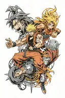 Combine unique designs from Naruto, Dragon Ball Z, and Full Metal Alchemist to create a unique staggered tattoo design tattoo design idea