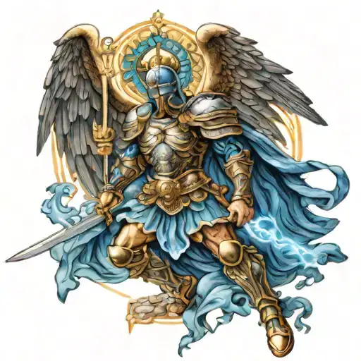 Saint Michael Archangel warrior with blue light in combat tattoo design idea