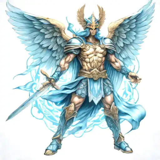 Saint Michael Archangel warrior with blue light in combat tattoo design idea