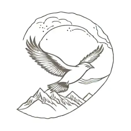 Design a minimalist tattoo of a bluebird flying over a mountain range, symbolizing the client's journey of healing and remembrance for their dad tattoo design idea