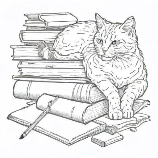 A cat curled up on a stack of books, with a quill pen and ink bottle nearby tattoo design idea