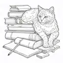 A cat curled up on a stack of books, with a quill pen and ink bottle nearby tattoo design idea