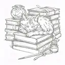 A cat curled up on a stack of books, with a quill pen and ink bottle nearby tattoo design idea