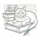 A cat curled up on a stack of books, with a quill pen and ink bottle nearby tattoo design idea