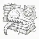 A cat curled up on a stack of books, with a quill pen and ink bottle nearby tattoo design idea