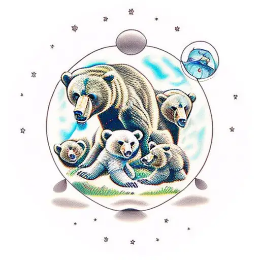 family of bears, a mother and two cubs, only the faces, enclosed in a circle all together tattoo design idea