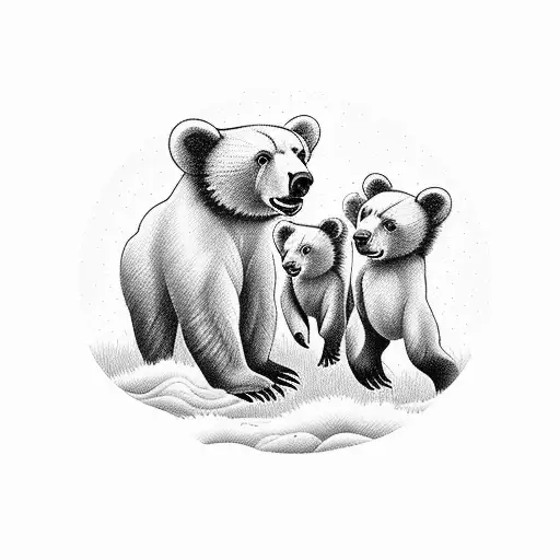 family of bears, a mother and two cubs, only the faces, enclosed in a circle all together tattoo design idea