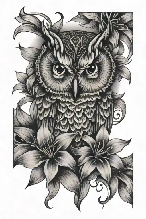 owl and stargazer lilies intertwined tattoo design idea