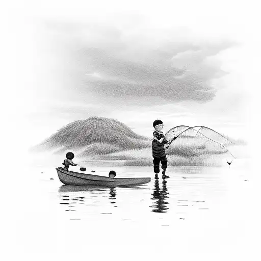 Sketch A Boy Catching Fish With His Dad On Tattoo Idea - BlackInk AI