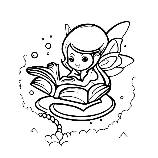 A minimalist tattoo of a fairy reading a book under the New York skyline tattoo design idea