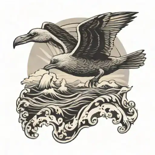 albatross flying over sea waves tattoo design idea