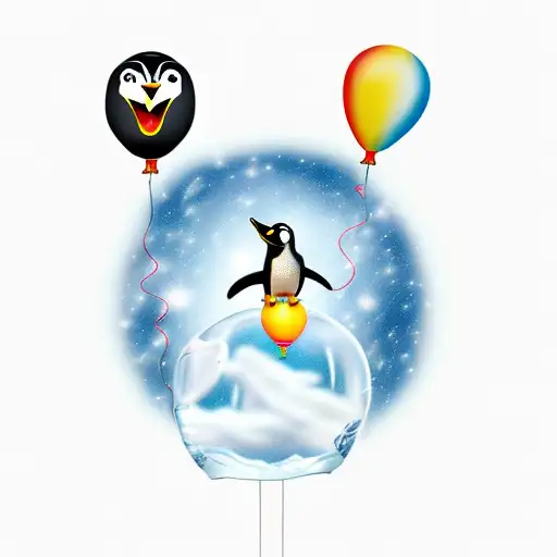 penguin flying away using a balloon from an iceberg with lions in it  tattoo design idea