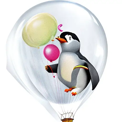 penguin flying away using a balloon from an iceberg cage with lions in it  tattoo design idea