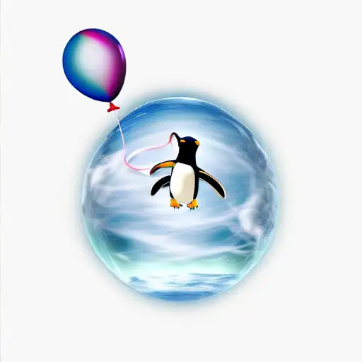 penguin flying away using a balloon from an iceberg with lions in it  tattoo design idea