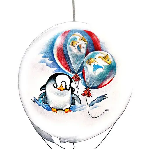 penguin flying away using a balloon with an S and two Es on it from an iceberg cage with lions in it  tattoo design idea