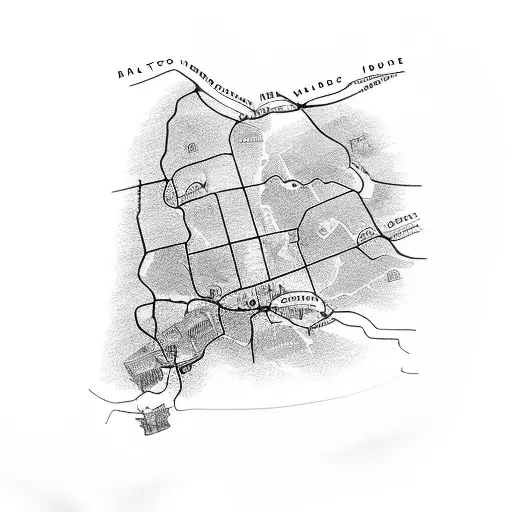 A black-grey tattoo of a roadtrip map with landmarks from favorite movies tattoo design idea