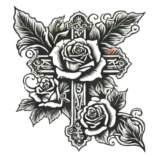 cross and roses intertwined tattoo design idea