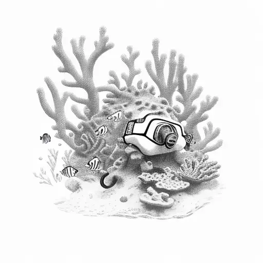 A dog wearing scuba gear diving into a coral reef tattoo design idea