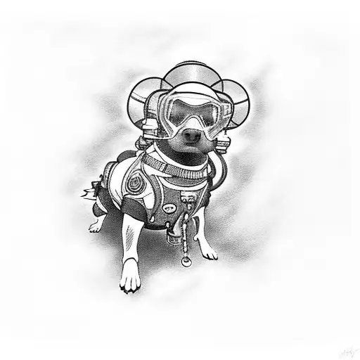 A dog wearing scuba gear diving underwater tattoo design idea