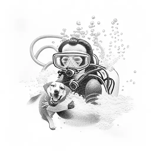 A scuba diver surrounded by a pack of dogs underwater tattoo design idea