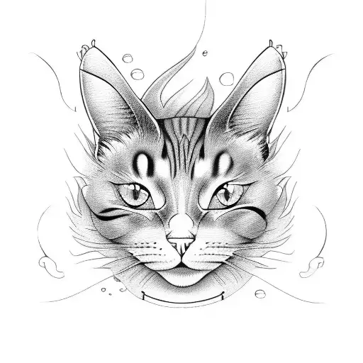 cartoon style cat and fish bones tattoo design idea