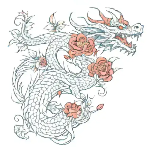 full length dragon with red flowers tattoo design idea