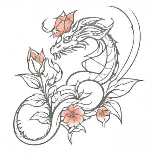 dragon with red flowers tattoo design idea