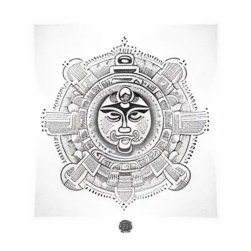 A traditional style circular tattoo design with a simplified Mayan calendar glyph at the center, the Inti Raymi sun god symbol surrounding it, and Aztec-inspired motifs along the outer edge, representing your love for Maya, Inca, and Aztec cultures. tattoo design idea