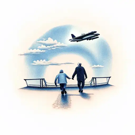 elderly man and young boy walking on bridge over water, backs facing, with an airforce jet flying in the sky tattoo design idea