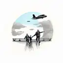 elderly man and young boy walking on a bridge over water, backs facing, with one airforce jet flying in the sky tattoo design idea