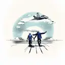 elderly man and young boy walking on a bridge over water, backs facing, with one airforce jet flying in the sky tattoo design idea