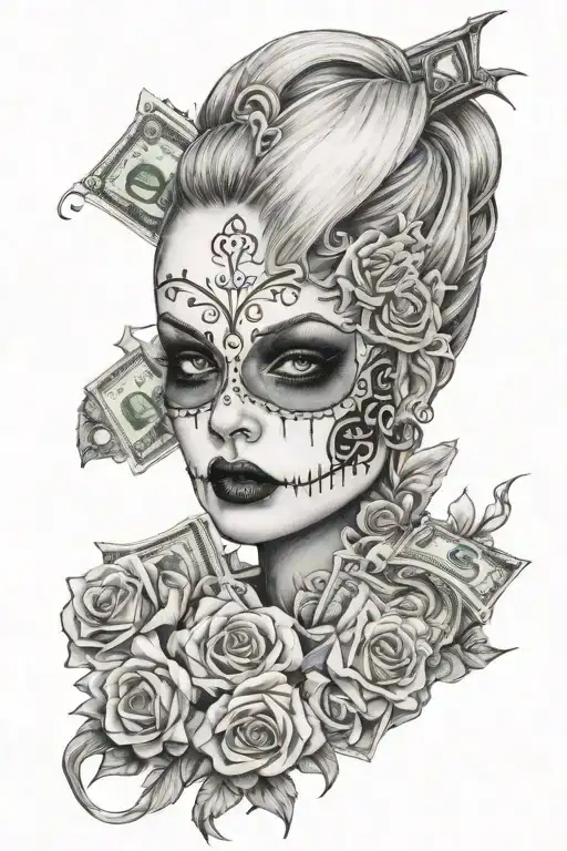 gothic Tattoo design, the face of a 22 years old prostitute with dollars tattoo design idea