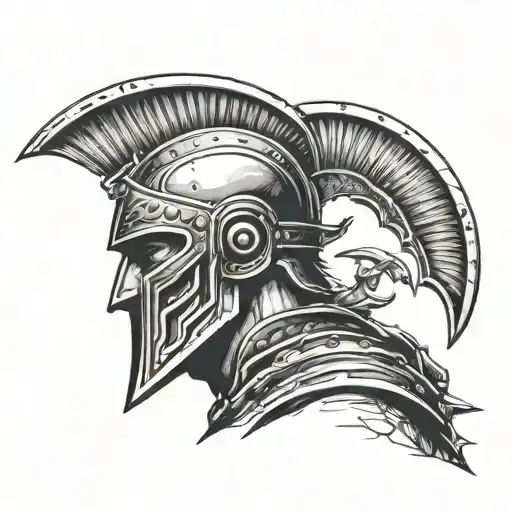 Gladiator with shadow on the back, helmet on his head, standing sideways tattoo design idea