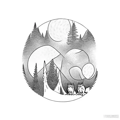 A protective father wolf watching over his two wolf cubs in a moonlit forest tattoo design idea