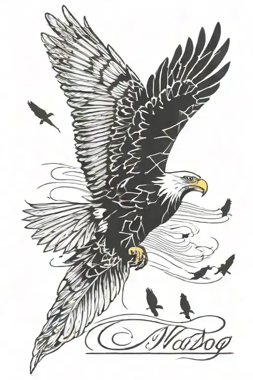 Eagle feather with birds flying away from the top in a faded way, with distinct lines and the words "Mad-Dog" right next tattoo design idea