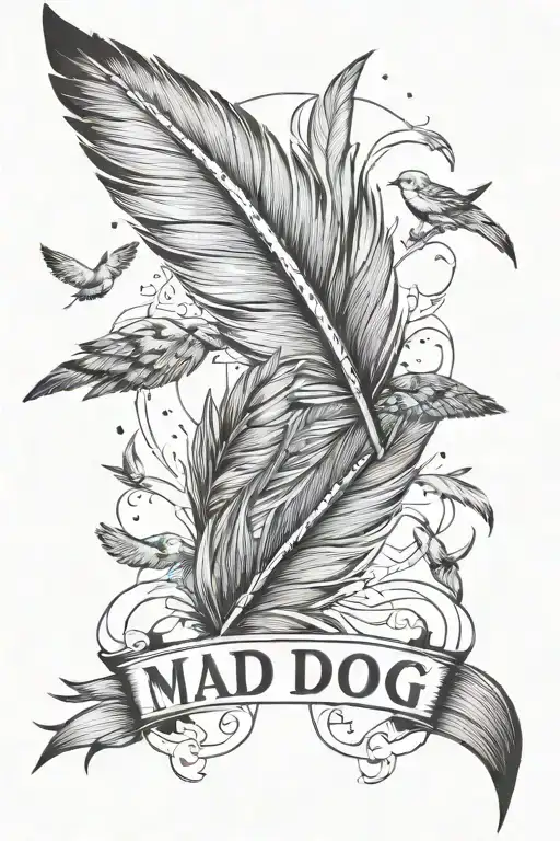 big feather with birds flying away in distance with the words "Mad-Dog" next to it in a fun font    tattoo design idea