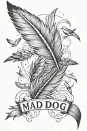 big feather with birds flying away in distance with the words "Mad-Dog" next to it in a fun font    tattoo design idea