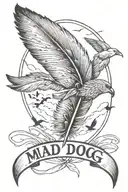 big feather with birds flying away in distance with the words "Mad-Dog" next to it in a fun font    tattoo design idea
