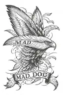 big eagle feather with birds flying away in distance with the words "Mad-Dog" next to it in a fun font  tattoo design idea