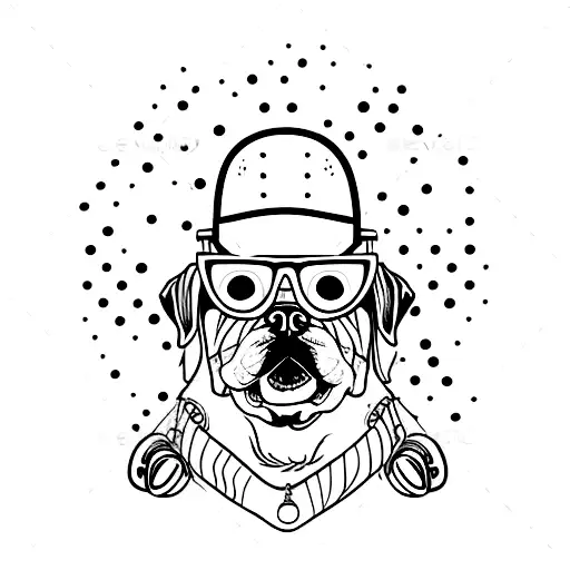 A dog wearing sunglasses and a hat, holding a boombox tattoo design idea