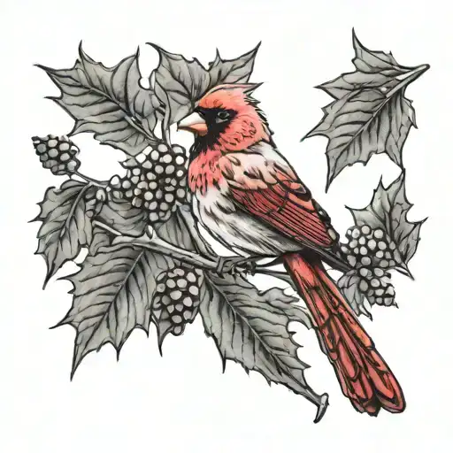 black and grey criw with red cardinal on branches with mapleleafs tattoo design idea