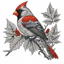 black and grey criw with red cardinal on branches with mapleleafs tattoo design idea
