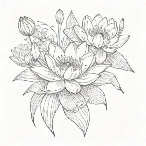 water lily and cosmos flower blooming tattoo design idea