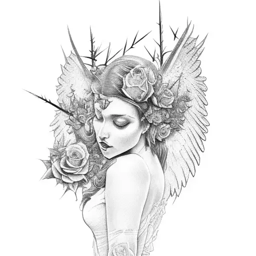 half dead Angel with thorns of roses and going to heaven and hell at the same ti tattoo design idea