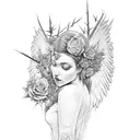 half dead Angel with thorns of roses and going to heaven and hell at the same ti tattoo design idea