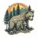 mother bear and cub, pine trees colors sunset tattoo design idea