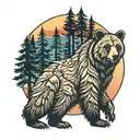 mother bear and cub, pine trees colors sunset tattoo design idea