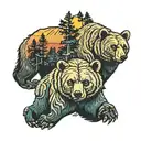 mother bear and cub, pine trees colors sunset tattoo design idea